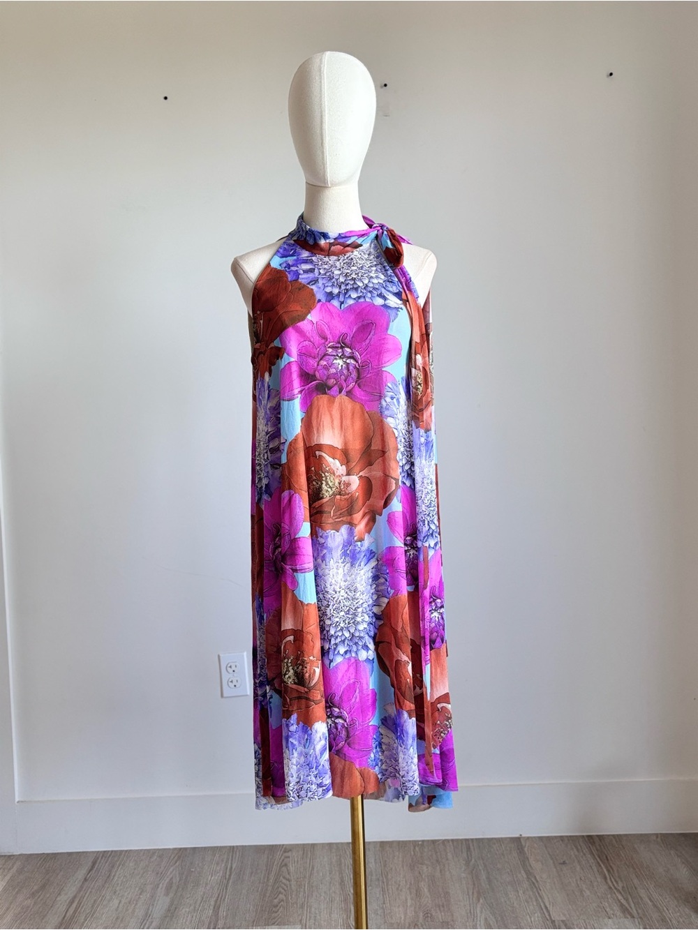Tie-Neck Floral Midi Dress in Purple & Brown